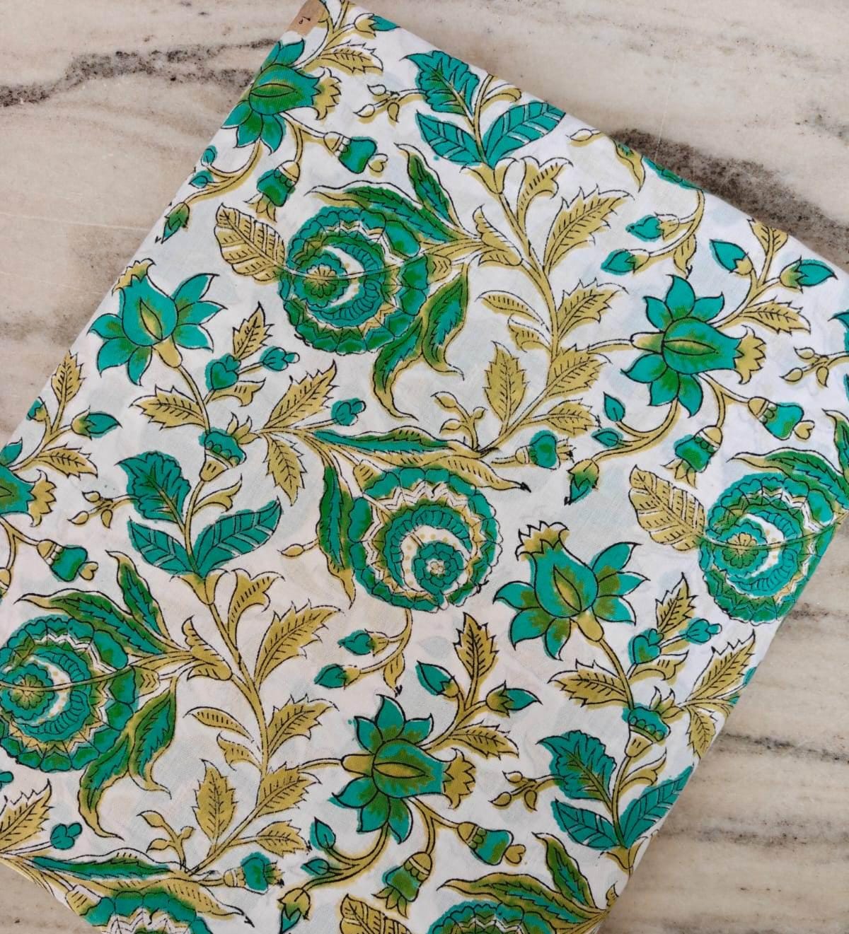 Green Floral Cotton Fabric by the Yard, Indian Block Print Fabric, White Botanical Vine Print, Boho Quilting Dressmaking Craft Fabric