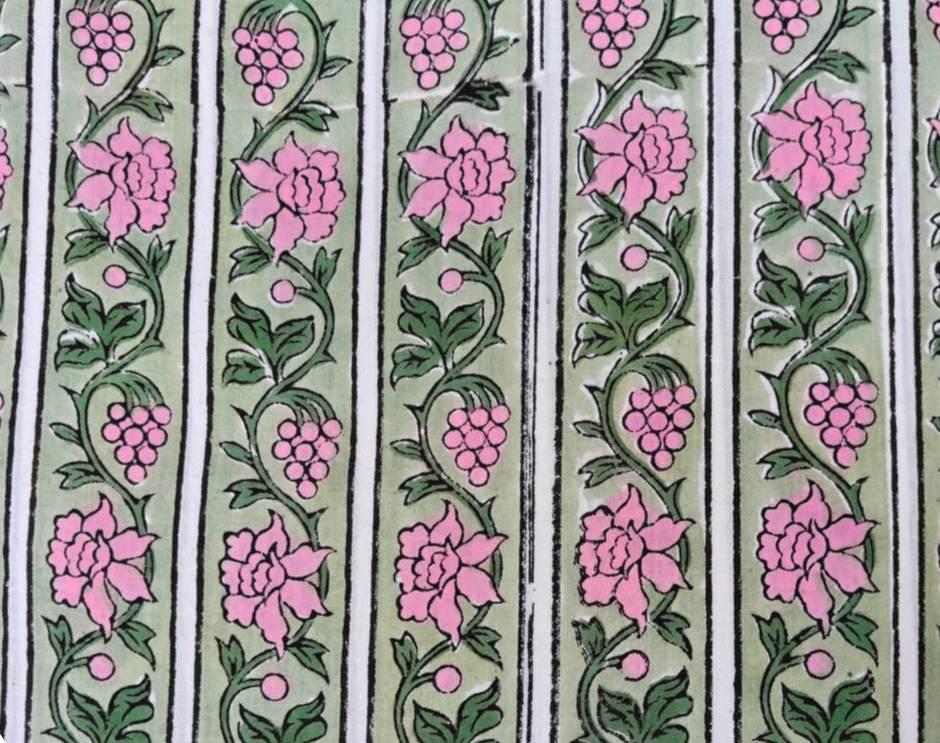 Green and Pink Indian Hand Block Print Fabric, Floral 100% Cotton Quilting Fabric By The Yard, Fabric For Dress Making, Loose Running Fabric