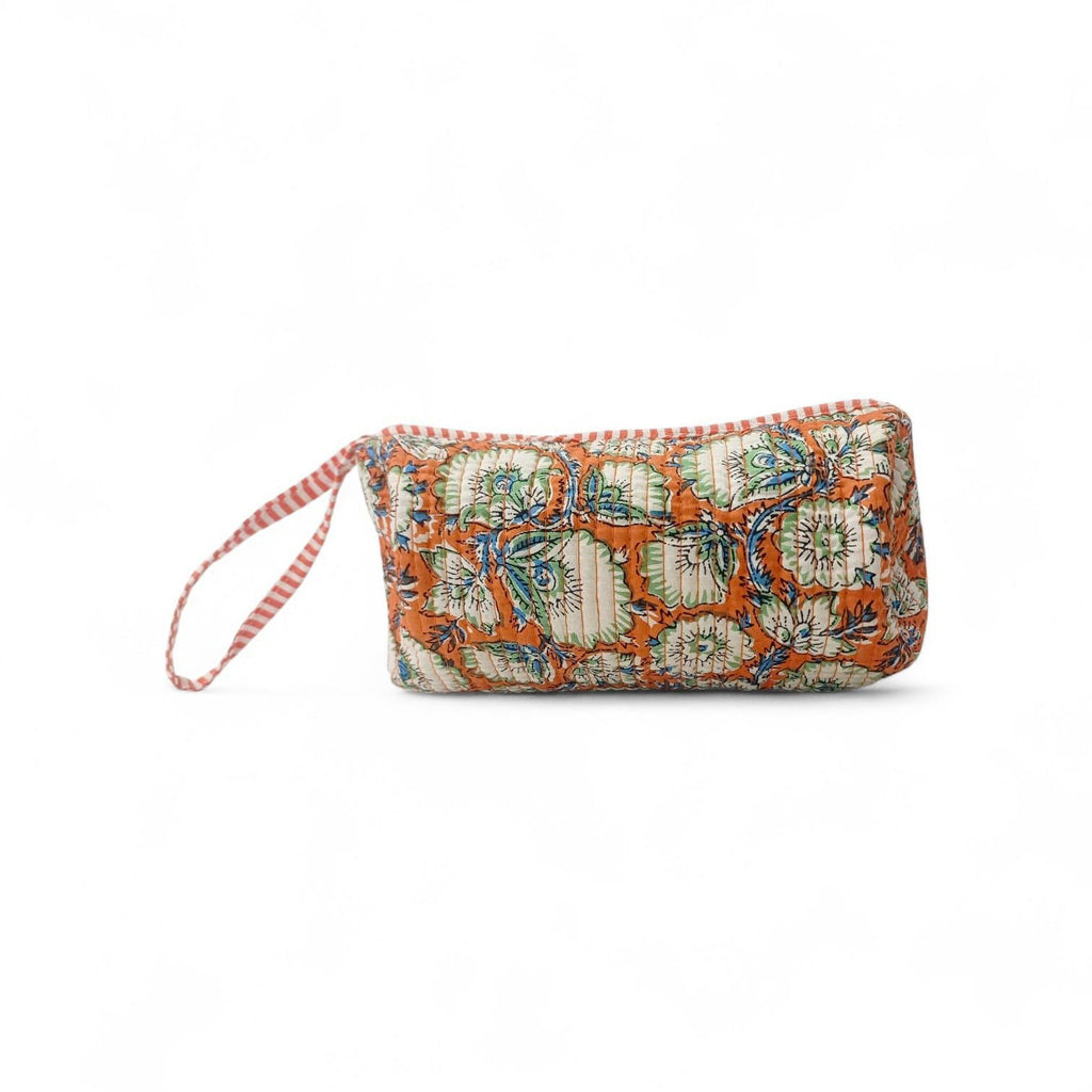 Quilted Floral Makeup Bag, Handmade Cotton Cosmetic Pouch, Orange Block Print Toiletry Bag, Zipper Travel Clutch, Gift for Her