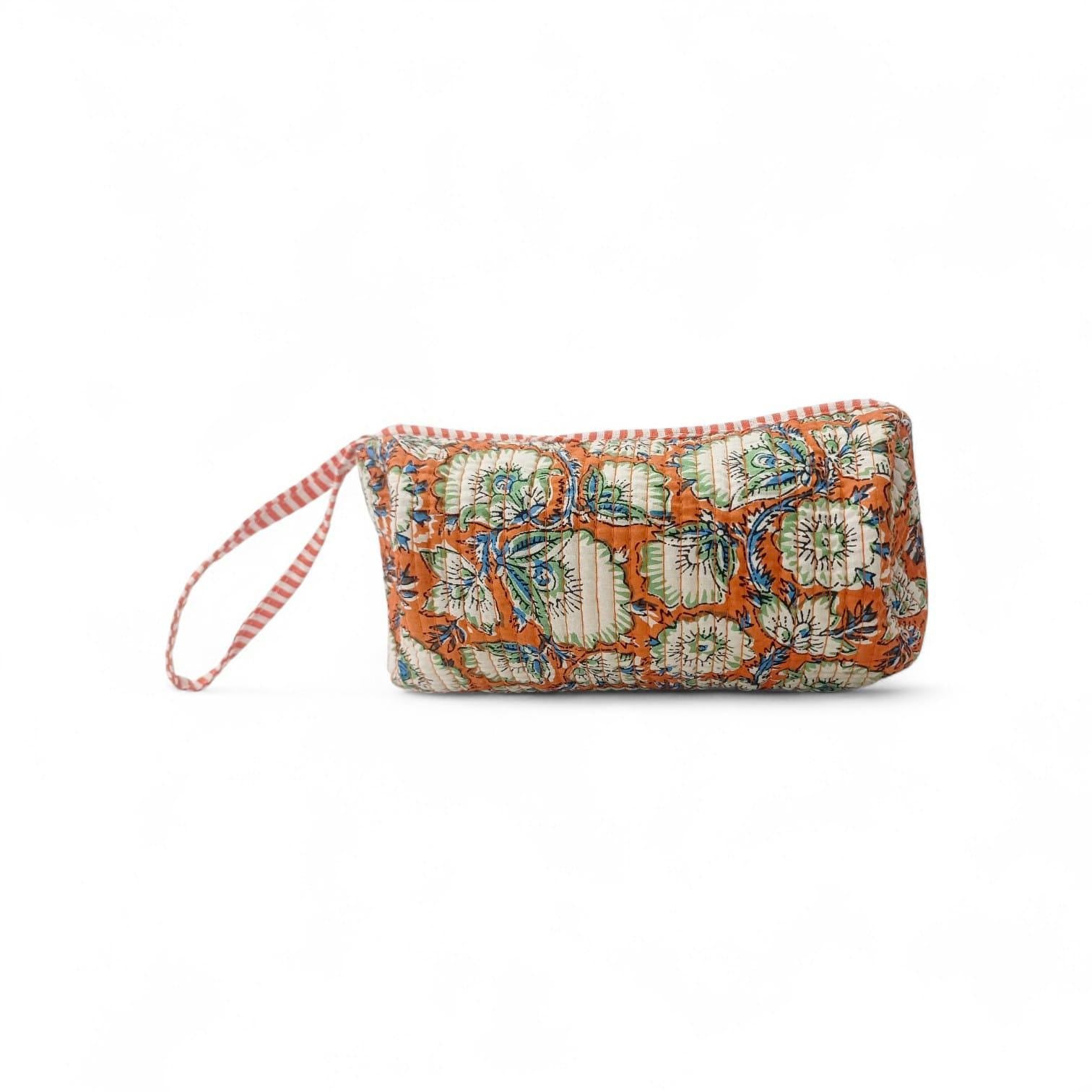 Quilted Floral Makeup Bag, Handmade Cotton Cosmetic Pouch, Orange Block Print Toiletry Bag, Zipper Travel Clutch, Gift for Her