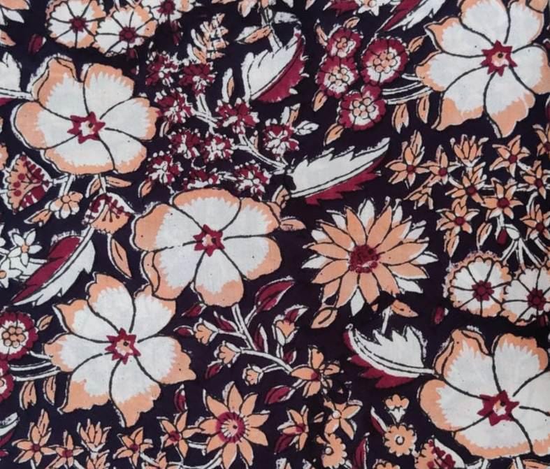 Black Floral Cotton Fabric | Hand Block Print Indian Fabric by the Yard | Boho Vintage Flowers | Quilting, Sewing, Dressmaking Material