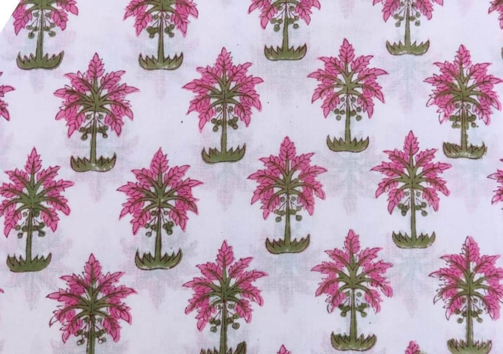 Pink Palm Tree Cotton Fabric: Tropical Block Print for Sewing & Quilting
