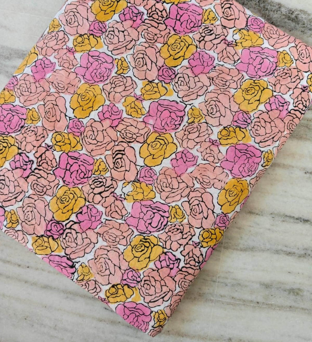 Pink & Yellow Rose Floral Cotton Fabric by the Yard, Hand Printed Indian Cotton, Vintage Flower Fabric, Napkins, Table Runner, Tea Coaster