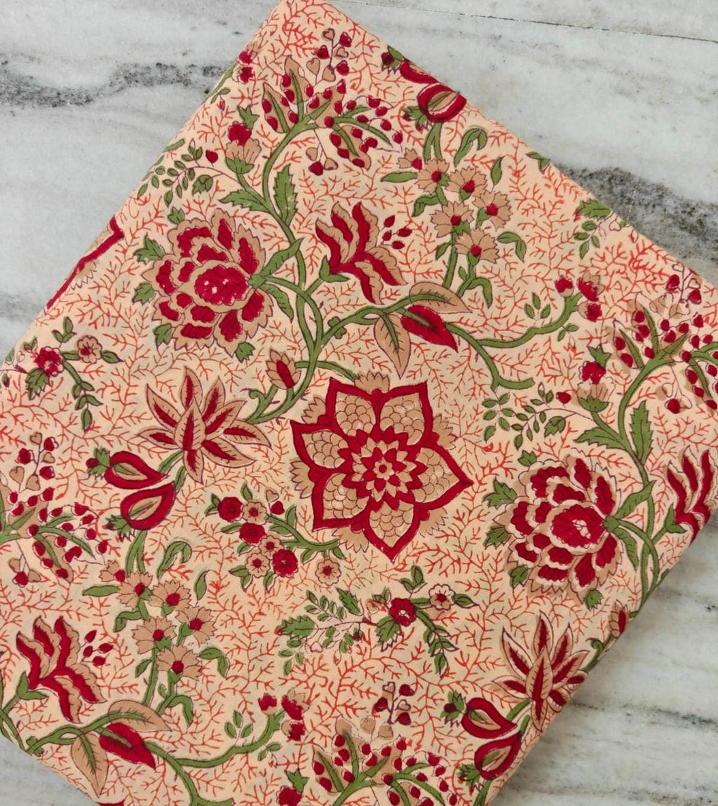 Hand Block Print Cotton Fabric, Red & Green Floral Vine on Beige, Indian Cotton Fabric by the Yard, Soft Lightweight Fabric for Dressmaking