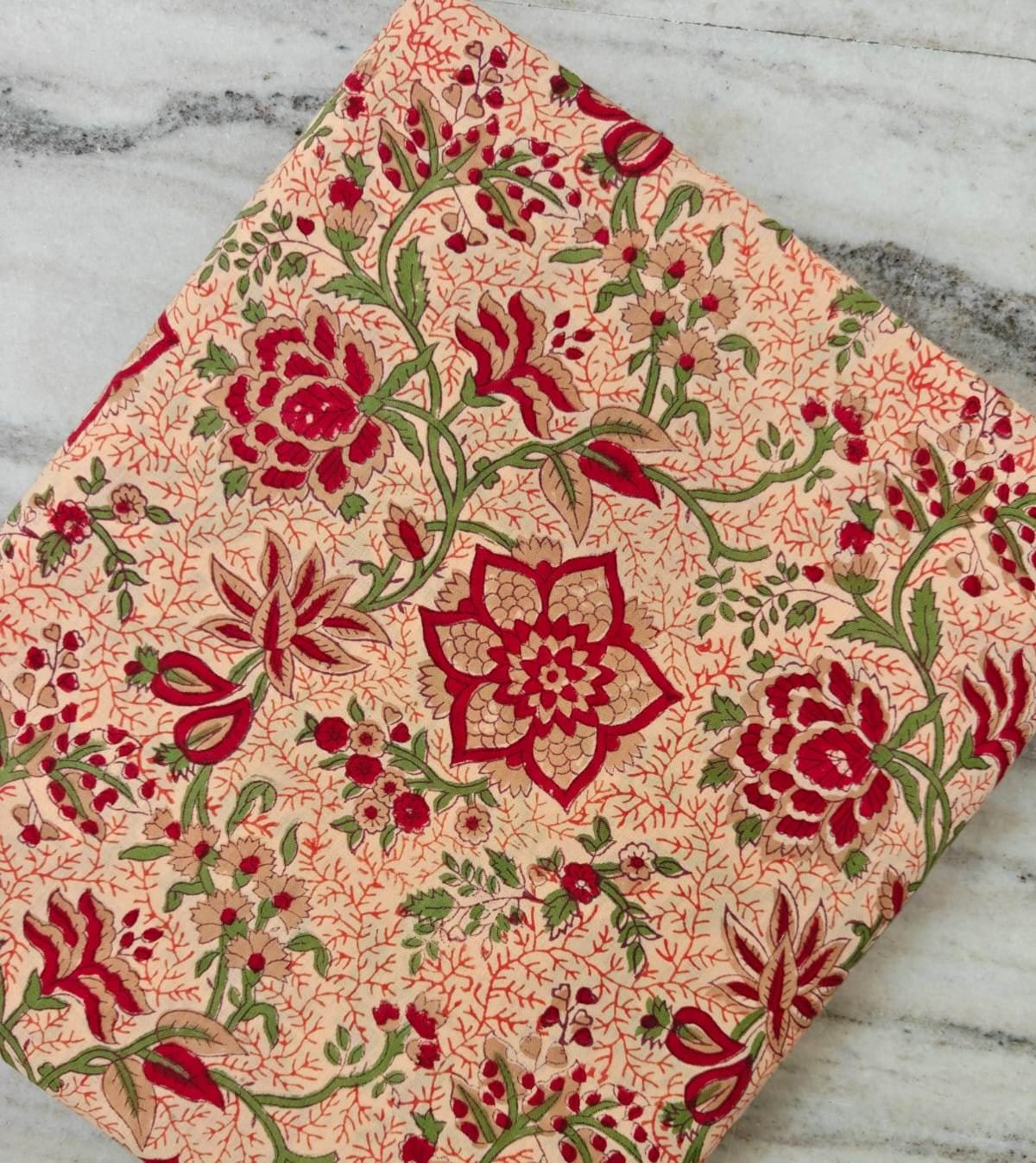 Hand Block Print Cotton Fabric, Red & Green Floral Vine on Beige, Indian Cotton Fabric by the Yard, Soft Lightweight Fabric for Dressmaking