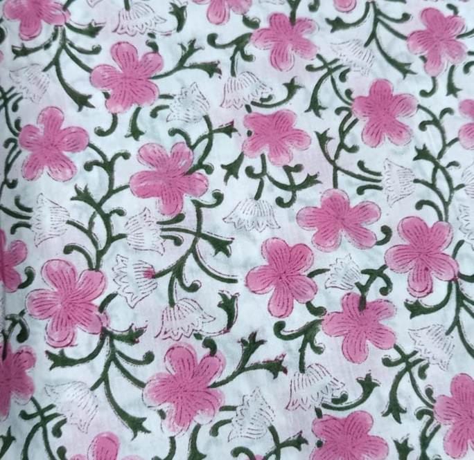 Pink Indian Hand Block Print Fabric, 100% Cotton Quilting Fabric By The Yard, Fabric For Dress Making, Loose Running Fabric, Napkin Fabric