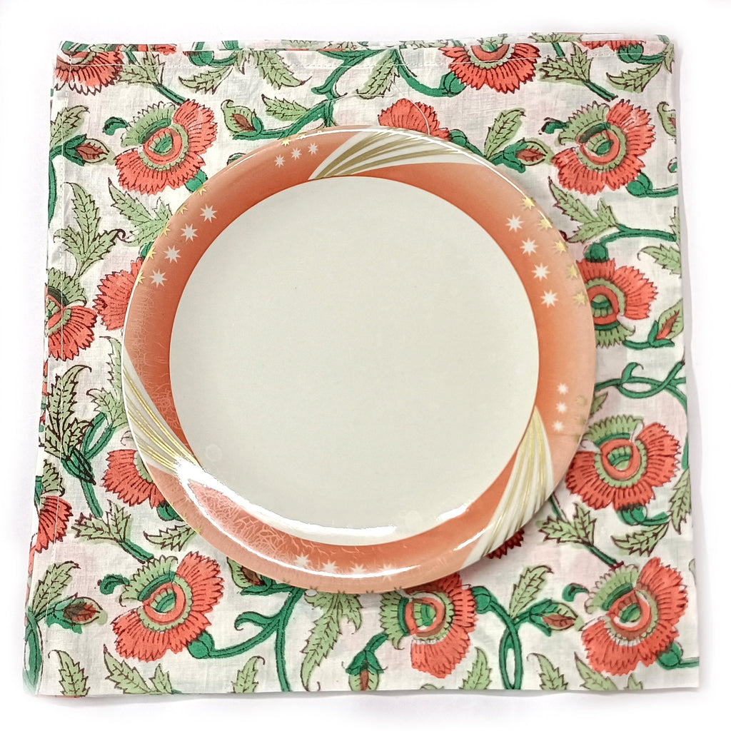 Hand Block Printed Cotton Napkins: Indian Floral Dinner Napkins, 18x18 Inches