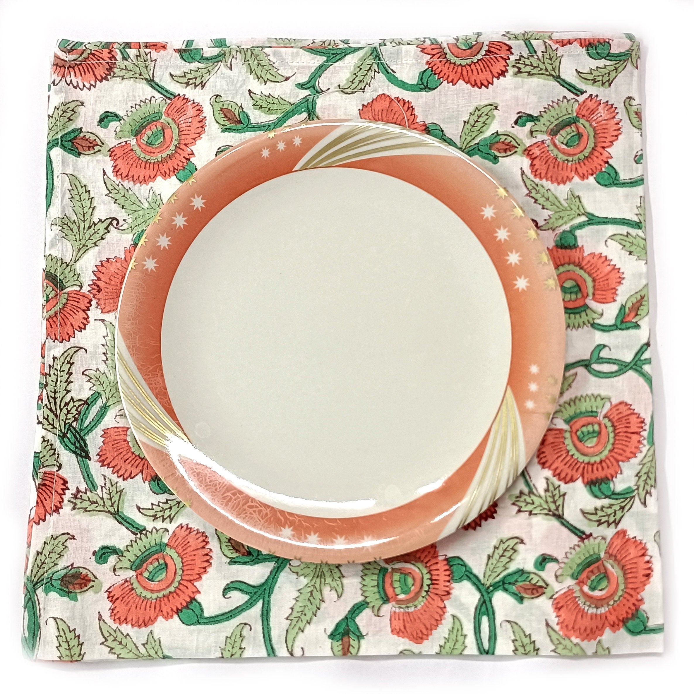 Hand Block Printed Cotton Napkins: Indian Floral Dinner Napkins, 18x18 Inches