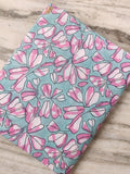 Aqua Blue Pink Floral Cotton Fabric, Soft Printed Cotton Material by the Yard, Quilting, Dressmaking, Hand Block Fabric, Textile Fabric