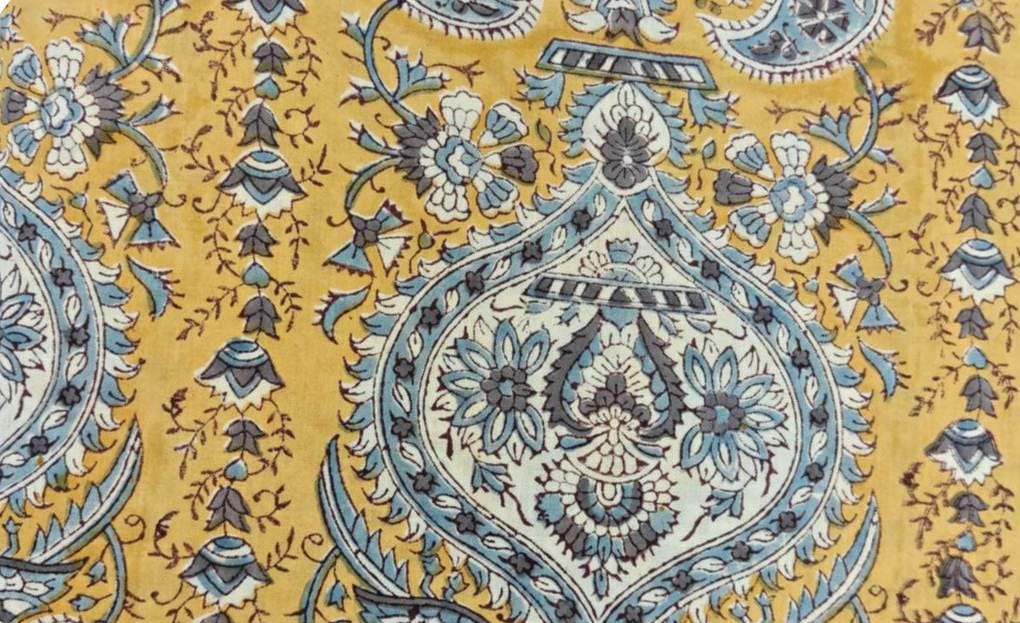 Mustard Yellow Paisley Cotton Fabric, Hand Block Printed Indian Fabric by the Yard, Soft Floral Cotton for Quilting & Dressmaking, Textile