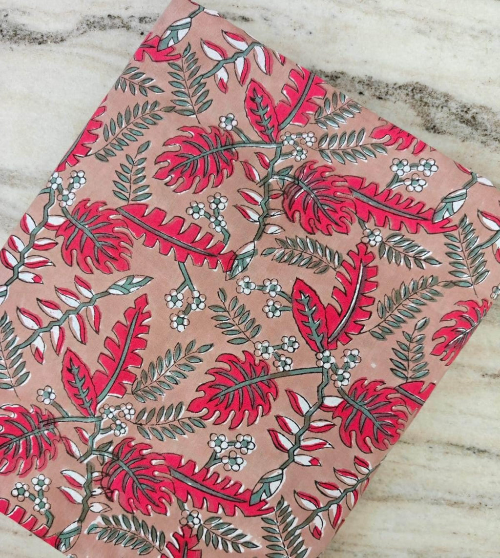 Blush Pink Tropical Leaf Cotton Fabric, Coral Red Botanical Print, Jungle Foliage Fabric by the Yard, Quilting Cotton, Nature Sewing Fabric