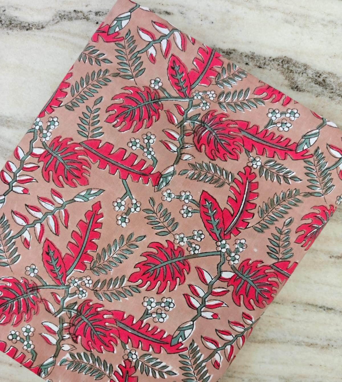 Blush Pink Tropical Leaf Cotton Fabric, Coral Red Botanical Print, Jungle Foliage Fabric by the Yard, Quilting Cotton, Nature Sewing Fabric