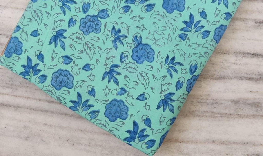 Blue Floral Cotton Fabric by the Yard | Mint Green Hand Block Print Fabric | Indian Soft Cotton for Quilting, Sewing, Dressmaking & Crafts