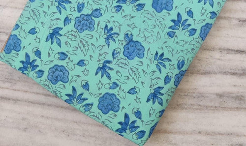 Blue Floral Cotton Fabric by the Yard | Mint Green Hand Block Print Fabric | Indian Soft Cotton for Quilting, Sewing, Dressmaking & Crafts