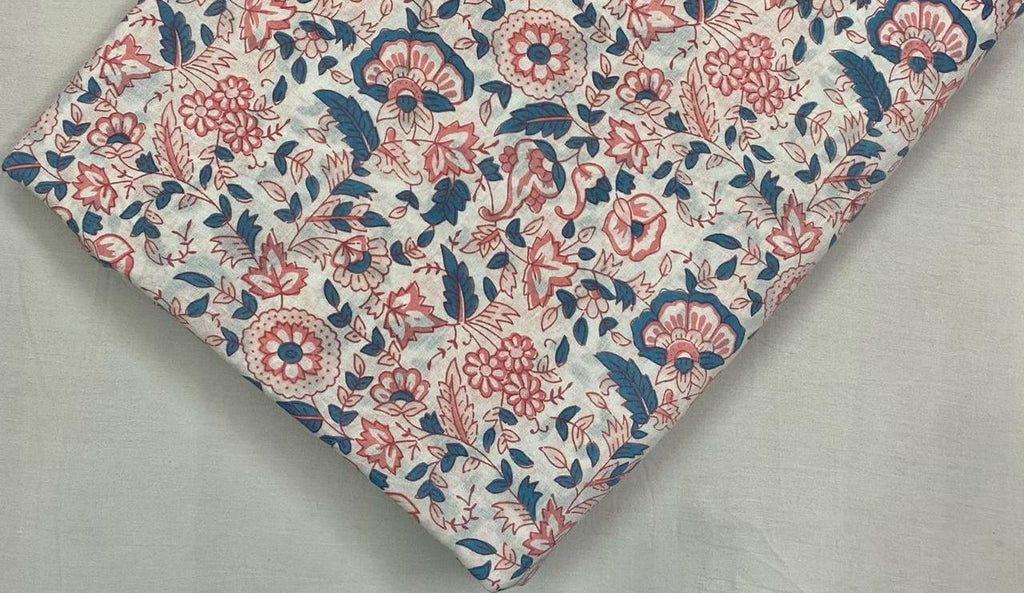 Floral Cotton Fabric by the Yard, Pink Blue Block Print Fabric, Indian Hand Printed Fabric, Soft Lightweight Fabric for Dressmaking Quilting