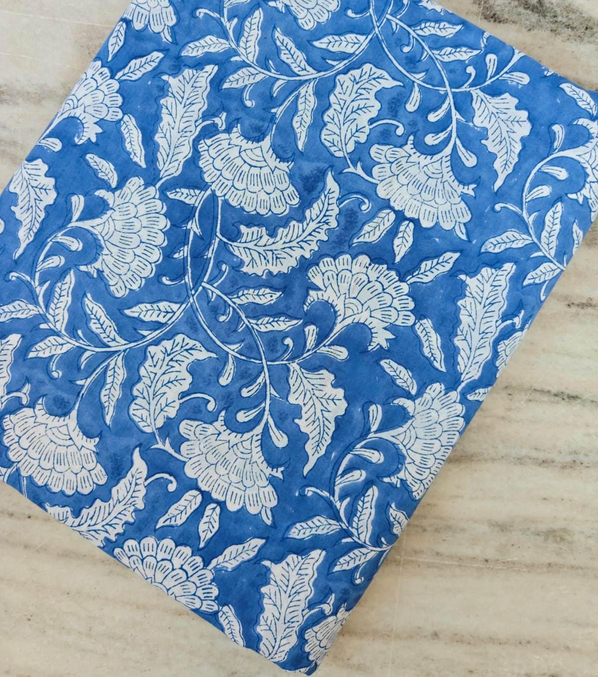 Blue Floral Cotton Fabric, Hand Block Print Fabric, Indian Cotton Textile, Blue White Botanical Fabric, Quilting Sewing Craft Fabric by Yard