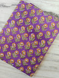 Purple Floral Cotton Fabric, Yellow Flower Print Fabric, Block Print Style Quilting & Dressmaking Fabric By The Yard, Loose Running Fabric