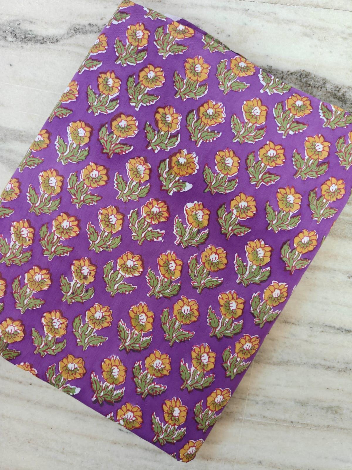 Purple Floral Cotton Fabric, Yellow Flower Print Fabric, Block Print Style Quilting & Dressmaking Fabric By The Yard, Loose Running Fabric