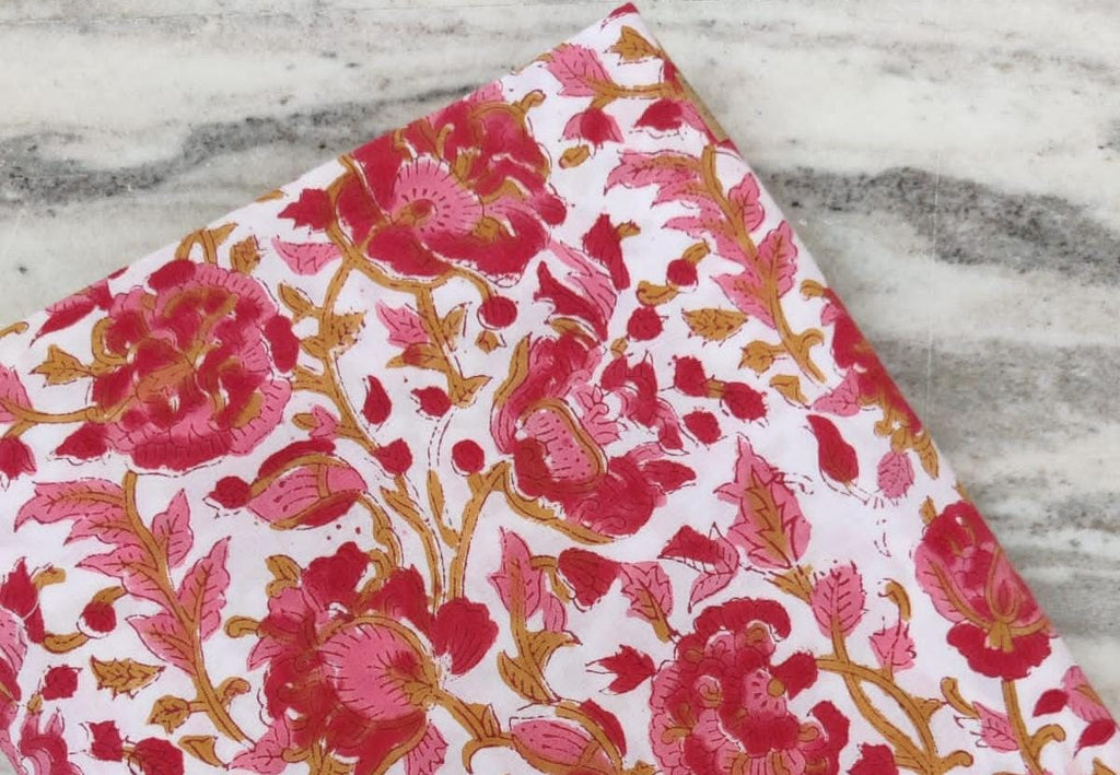 Pink Red Designer Hand Block Print Fabric, Floral 100% Cotton Quilting Fabric By The Yard, Fabric For Dress Making, Loose Running Fabric