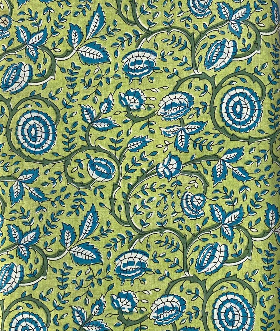 Green Soft Cotton, Indian Hand Block Print Fabric, 100% Cotton Fabric By The Yard, Fabric for Loose Running, Dress Making, Textile Fabric