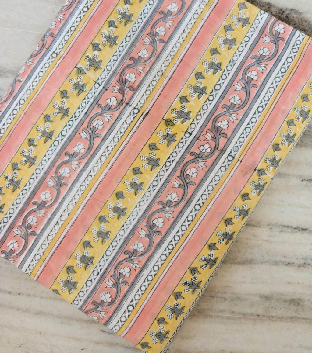Hand Block Print Cotton Fabric, Striped Floral Indian Fabric, Yellow Peach Gray Print Soft Lightweight Cotton by Yard Sewing Quilting Fabric