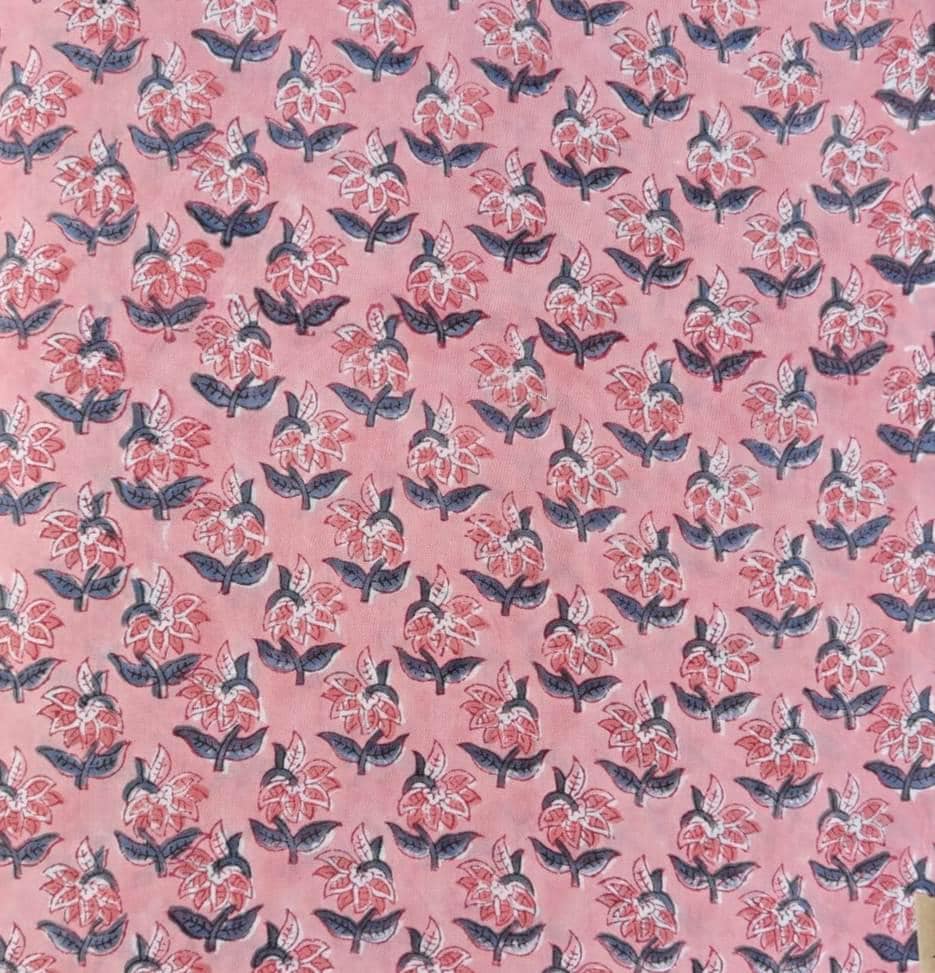 Pink Floral Cotton Fabric, Indian Block Print Fabric, Soft Cotton Fabric by Yard, Small Flower Buti Fabric for Dressmaking Quilting Fabric