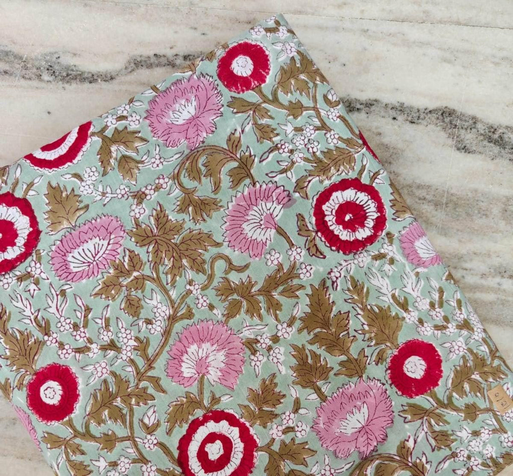Sage Green Floral Cotton Fabric, Hand Block Print Red Pink Flower Vine, Indian Cotton Fabric by the Yard, Loose Running Fabric, Napkins