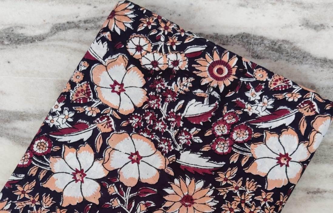 Black Floral Cotton Fabric | Hand Block Print Indian Fabric by the Yard | Boho Vintage Flowers | Quilting, Sewing, Dressmaking Material