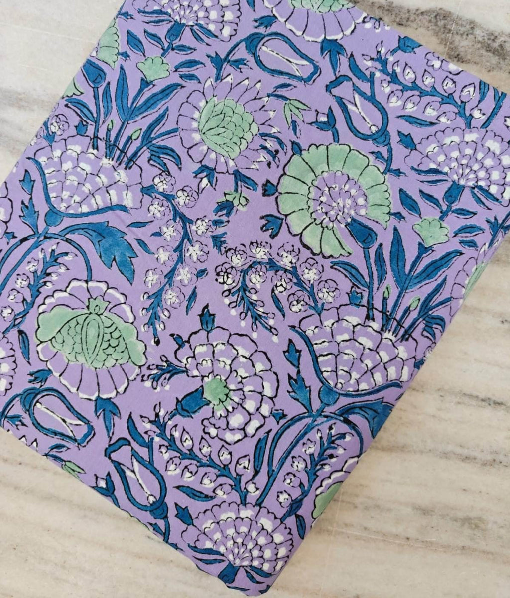 Lavender Floral Cotton Fabric, Purple Indian Block Print Fabric, Flower Cotton Fabric by the Yard, Quilting Craft Fabric, Handmade Textile