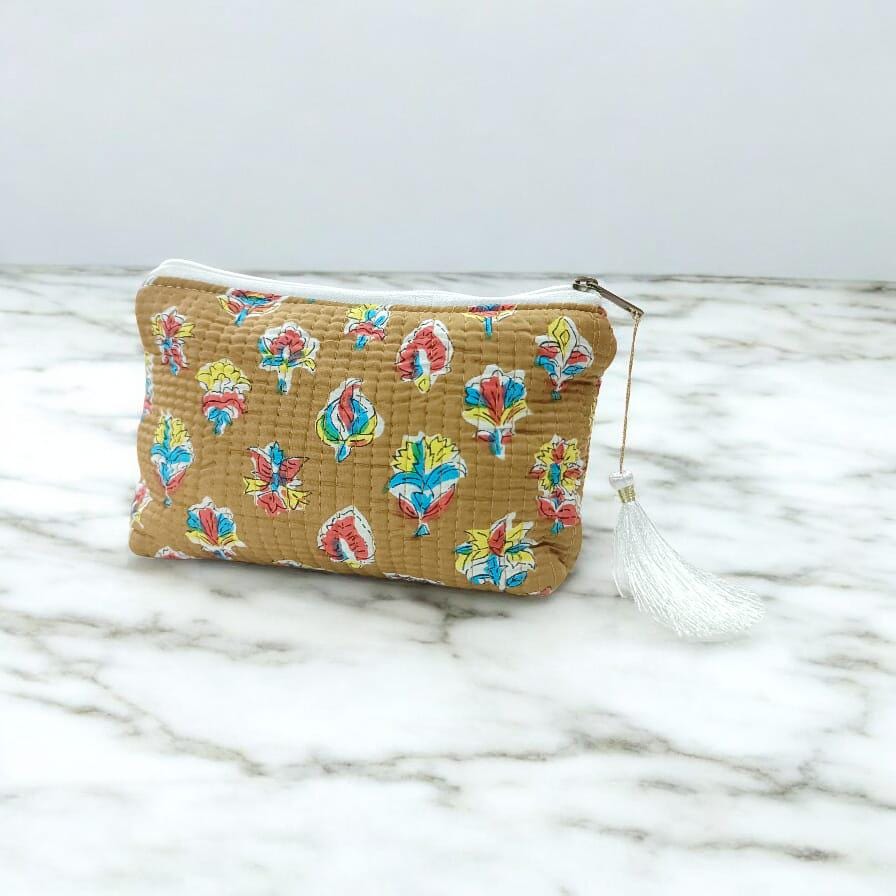 Handmade Quilted Zipper Pouch | Flower Print Cosmetic Bag | Coin Purse | Cute Travel Pouch