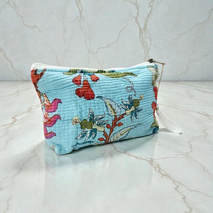 Floral Kantha Quilt Pouch | Blue Zipper Cosmetic Bag | Travel Toiletry Pouch | Waterproof Bags | Tassel Zipper Bags