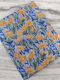 Blue Floral Cotton Fabric by Yard | Yellow Lotus Hand Block Print | Indian Soft Cotton for Quilting, Dressmaking, Sewing Crafts