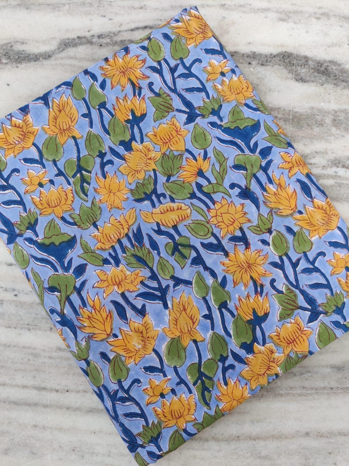Blue Floral Cotton Fabric by Yard | Yellow Lotus Hand Block Print | Indian Soft Cotton for Quilting, Dressmaking, Sewing Crafts