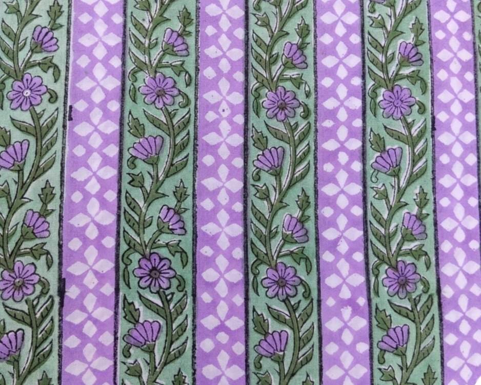 Lilac Stripe Cotton Fabric by the Yard, Hand Block Print Floral Fabric, Indian Cotton for Quilting, Sewing, Crafts & Dressmaking Gift Fabric
