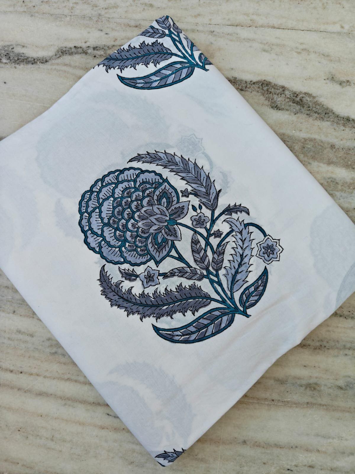 Indigo Blue Hand Block Print Cotton Fabric, White Floral Indian Fabric by the Yard, Soft Cotton for Quilting, Dressmaking, Running Fabric