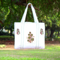 Handmade White Quilted Tote Bag with Embroidery | Floral Cotton Handbag | Minimalist Everyday Tote | Lightweight Shoulder Bag | Gift for Her