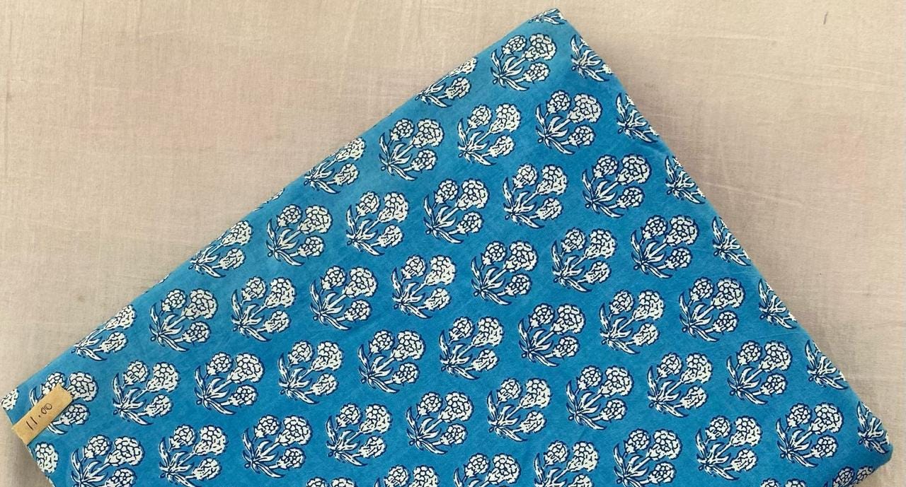 Blue Buti Hand Block Print Cotton Fabric, Soft Indian Floral Fabric by the Yard, Quilting, Sewing, Dressmaking, Loose Running Fabric, Gifts