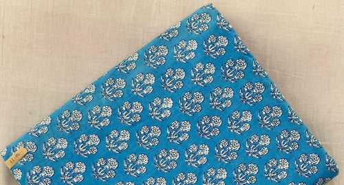 Blue Buti Hand Block Print Cotton Fabric, Soft Indian Floral Fabric by the Yard, Quilting, Sewing, Dressmaking, Loose Running Fabric, Gifts