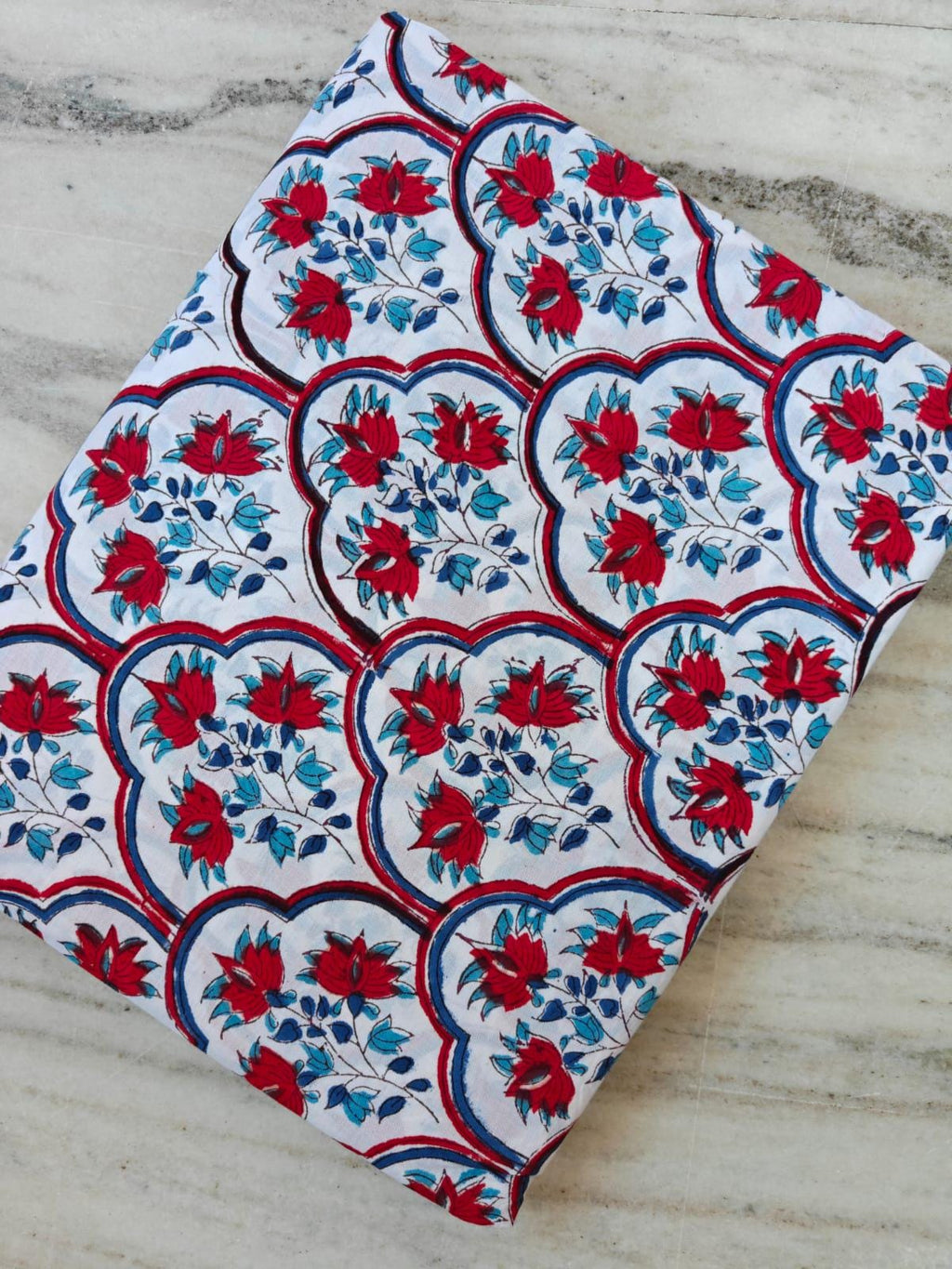 Red Floral Cotton Fabric, Indian Block Print Fabric, White Blue Designer Fabric, Scallop Pattern Boho Fabric, Quilting Craft Fabric by Yard