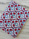 Red Floral Cotton Fabric, Indian Block Print Fabric, White Blue Designer Fabric, Scallop Pattern Boho Fabric, Quilting Craft Fabric by Yard