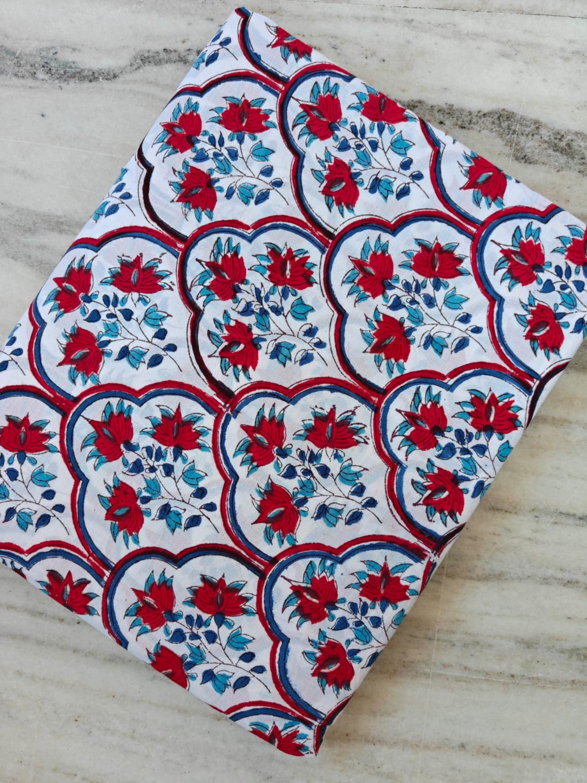 Red Floral Cotton Fabric, Indian Block Print Fabric, White Blue Designer Fabric, Scallop Pattern Boho Fabric, Quilting Craft Fabric by Yard