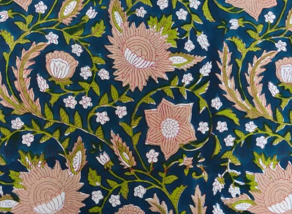 Navy Blue Floral Cotton Fabric, Traditional Indian Block Print Fabric by the Yard, Peach Flower Vine Print, Quilting Sewing Fabric, Napkins