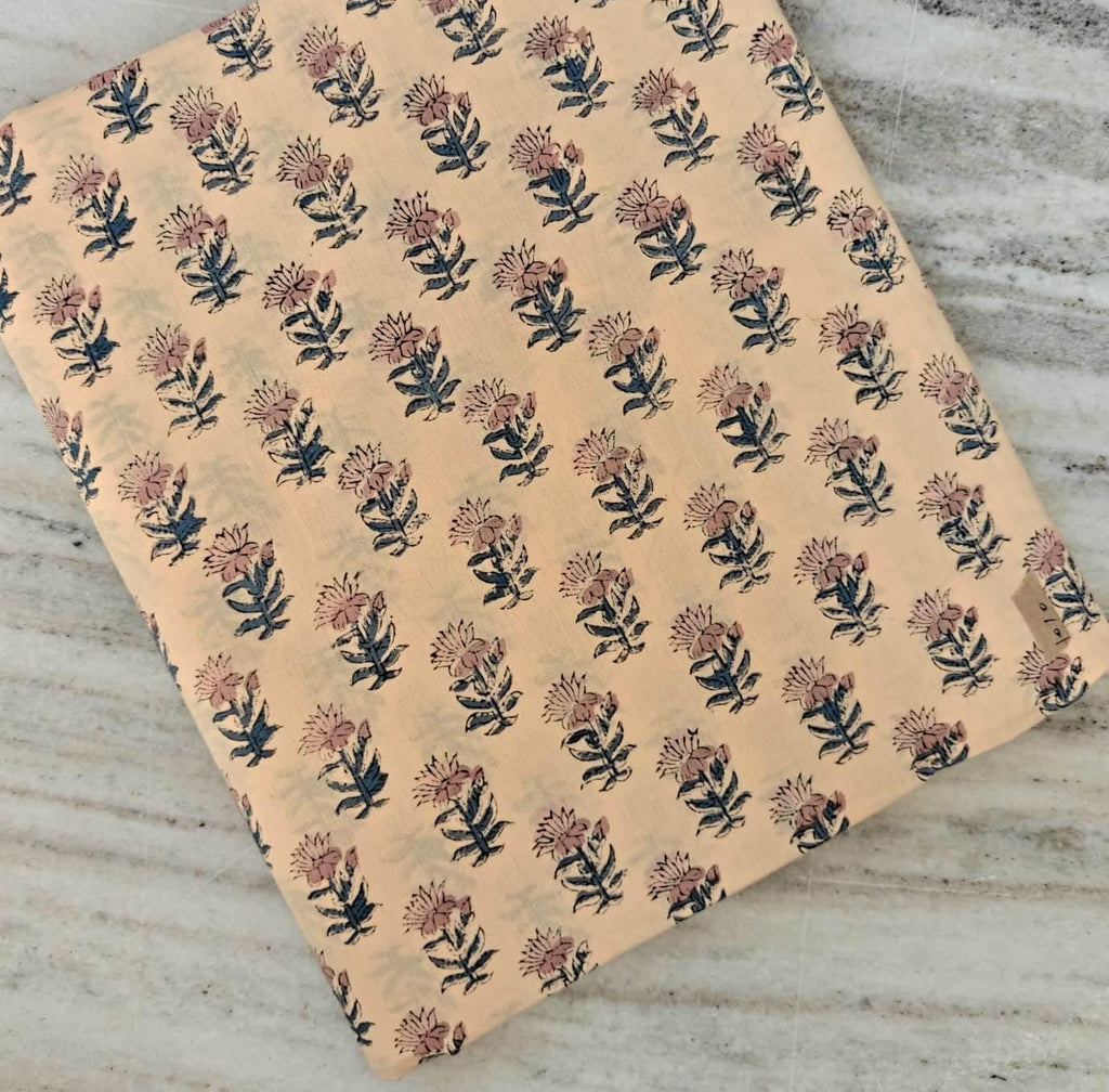 Peach Floral Cotton Fabric by the Yard – Blue and Pink Hand Block Print Fabric – Indian Cotton for Quilting & Dressmaking, Napkins