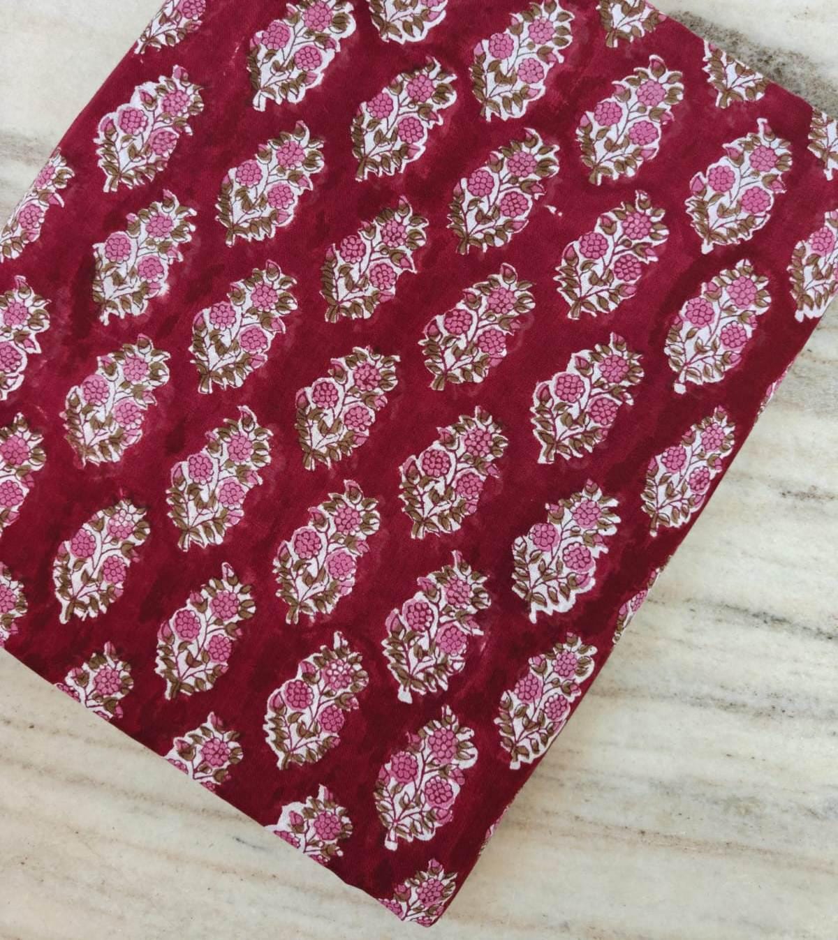 Hand Block Print Cotton Fabric, Red Booti Floral Indian Fabric by the Yard, Pink Buta Print Textile for Sewing, Quilting, Dressmaking Napkin