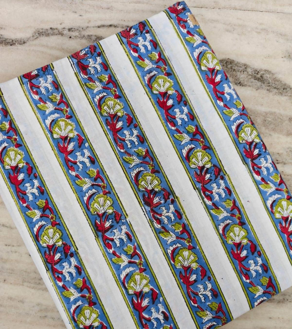 Striped Floral Block Print Cotton Fabric, Blue White Indian Hand Block Print Fabric, Boho Stripe Cotton Cloth, Quilting Sewing Fabric Yard