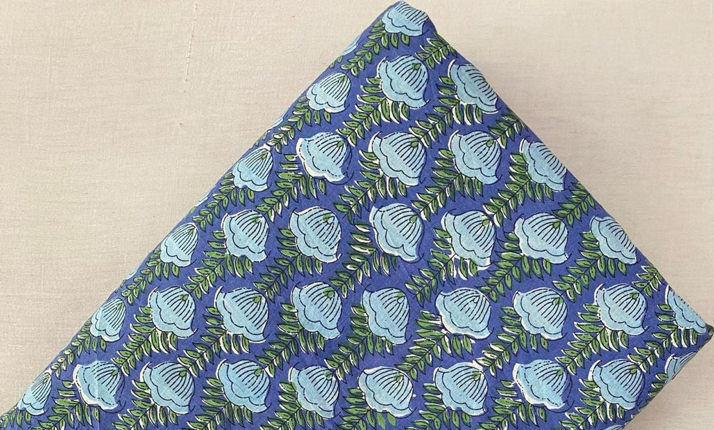 Blue Leaf Cotton Fabric, Hand Block Print Floral Fabric Indian Cotton Fabric by Yard Green Leaf Print Fabric for Quilting Sewing Dressmaking