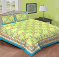 Handmade Yellow Color Print Cotton Bedsheet, 90x100 INCH, Block Print Bedsheet Floral Bed Spread, Queen Size Double Bed Sheet 2 Pillow Cover