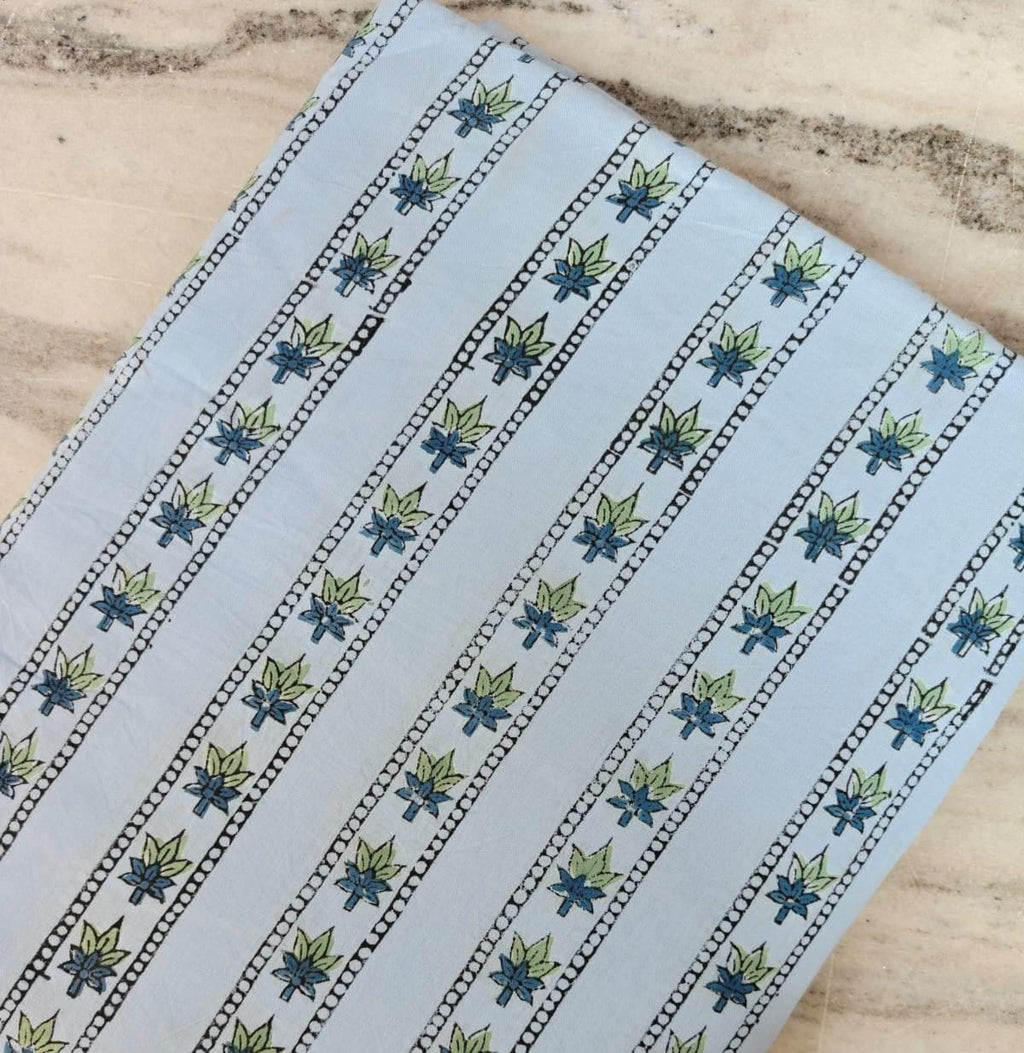 Light Blue Floral Stripe Cotton Fabric, Blue Hand Block Print Fabric By The Yard, Indian Soft Cotton for Quilting, Dressmaking, Sewing Craft