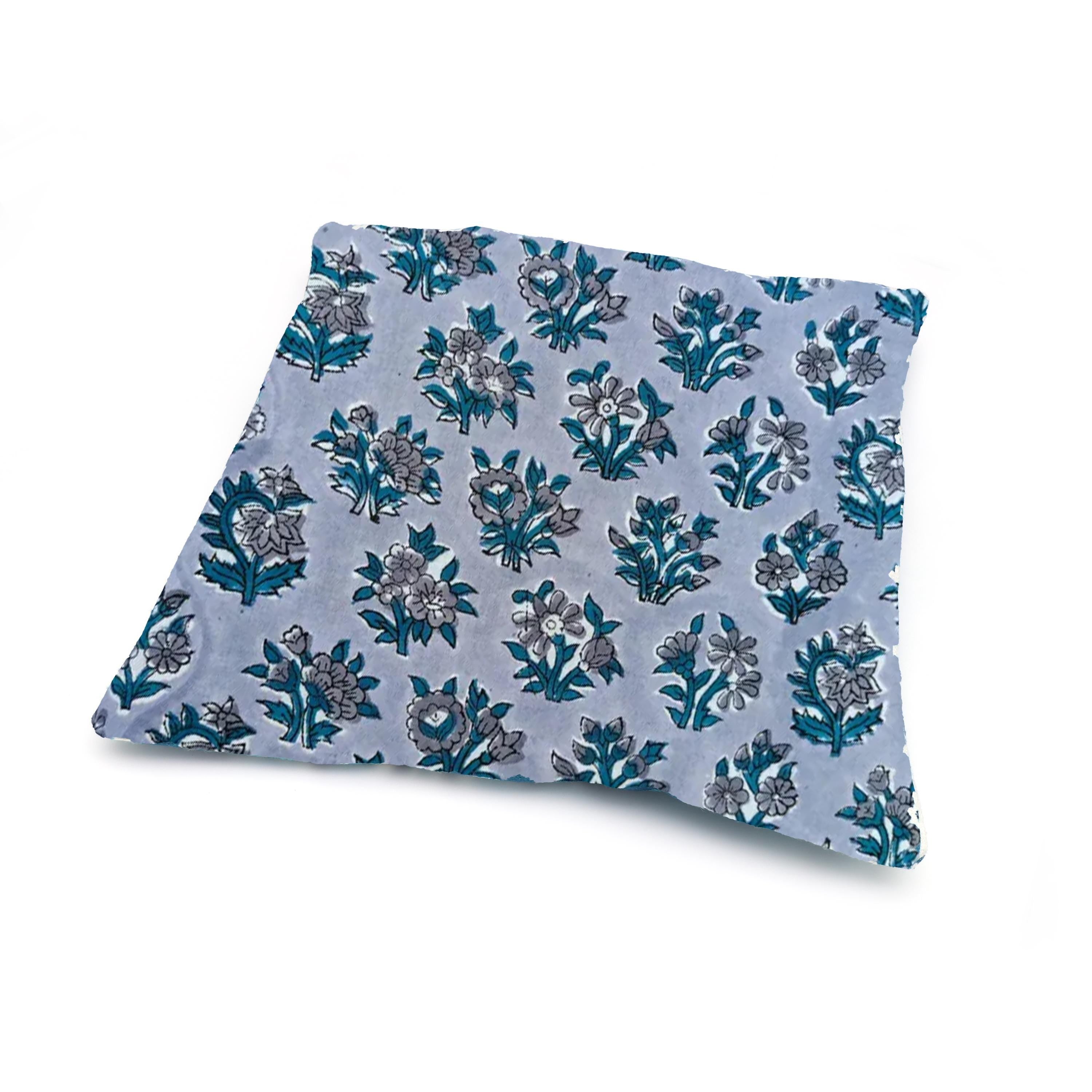 Hand Block Printed Cotton Cushion Cover, Blue Floral Pillow Cover, Decorative Sofa Cushion, Indian Boho Home Decor, 16x16 Throw Pillow Case