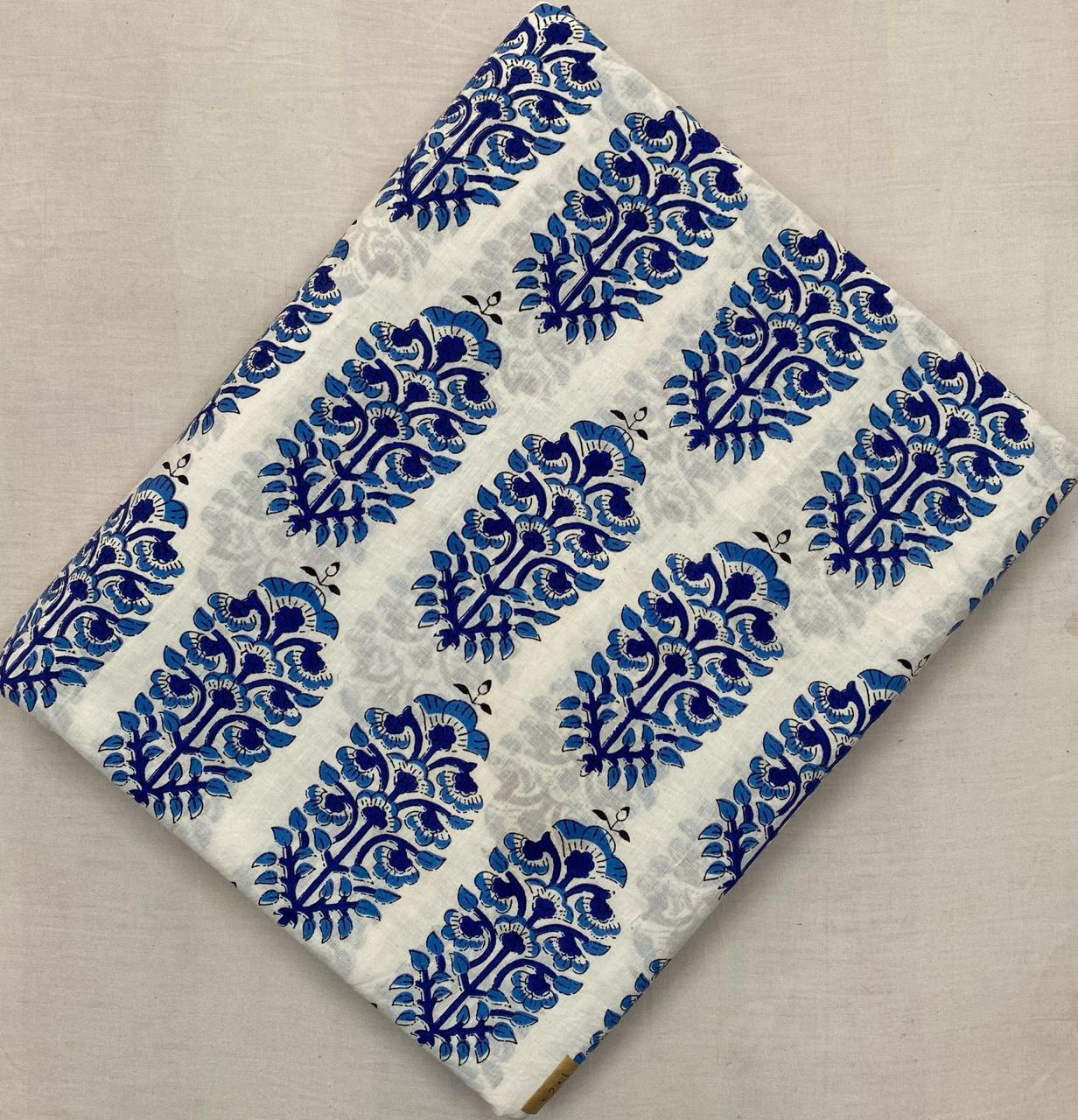 Indian Hand Block Print Fabric, Blue and White Floral 100% Cotton Quilting Fabric By The Yard, Fabric For Dress Making, Loose Running Fabric